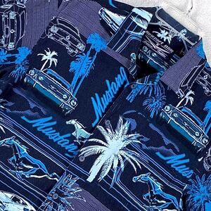 VTG Newport Blue Ford Mustang Hawaiian Shirt Mens M Blue Rayon Palm AOP Aloha